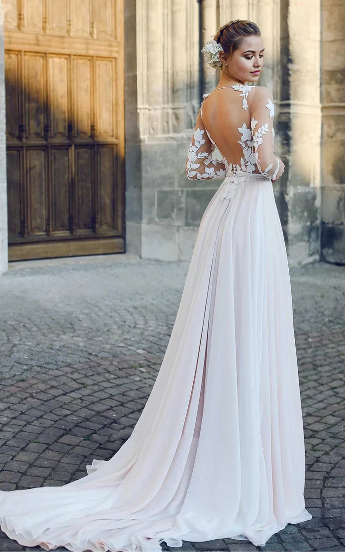 Vestido de novia de manga larga con ilusión de barco y apliques de gasa en forma de A